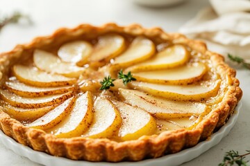 Freshly baked pear tart sprinkled with spices