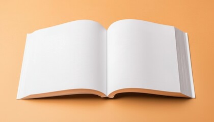 Blank open book with white pages on a soft beige surface, minimalist layout for creative or editorial purposes