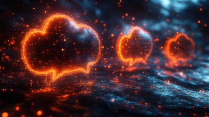 Obraz premium Glowing chat bubbles in a digital landscape with sparkles.
