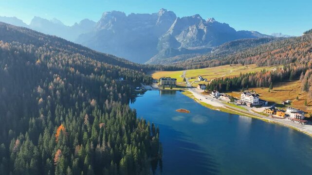 Sunrise At Lago Di Misurina In The Dolomites, drone view of Lago di Misurina, autumn forest in the Dolomites, Italy, alpine lake in the Italian Alps 