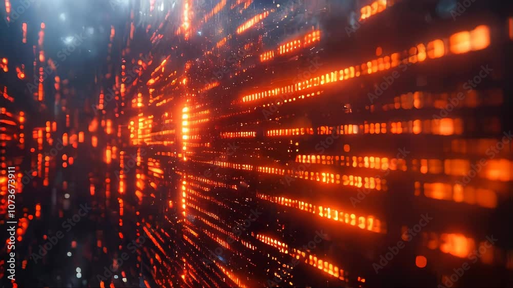 Poster abstract view of a wall displaying glowing orange binary code. a futuristic digital scene illustrati