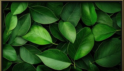 Obraz premium Layered green foliage with a sleek gold frame, deep dark background for an elegant and organic design theme