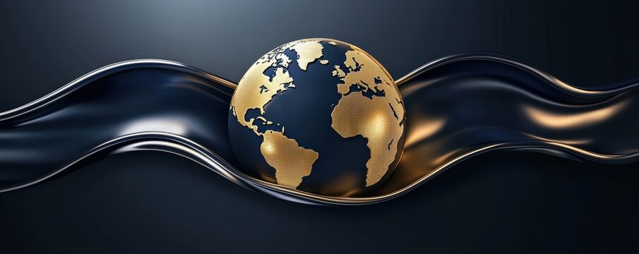 High-tech Earth with golden continents glowing, surrounded by abstract blue light waves, futuristic and elegant global design