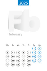 Calendar for February 2025, blue circle design. English language, week starts on Monday.