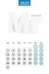 Calendar for March 2025, blue circle design. English language, week starts on Monday.