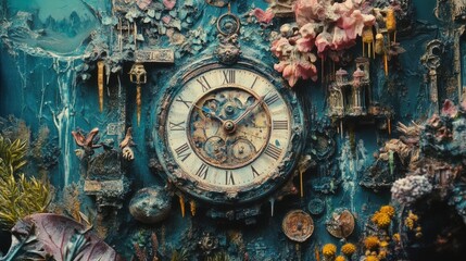 Obraz premium A close-up of a clock face with intricate details and a textured background, creating a whimsical and surreal aesthetic.