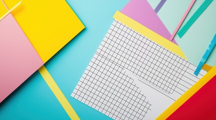 Sticky notes and memo sheets with a mix of plain, lined, and grid patterns, colorful tape accents for a creative stationery set