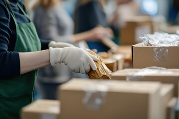 Worker in gloves packing items in warehouse