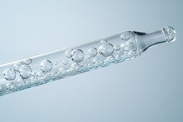 Close-up of a glass dropper filled with a clear liquid, featuring a multitude of tiny bubbles.