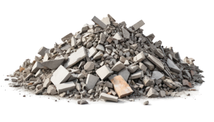 A pile of rubble and debris isolated on a white background, PNG background