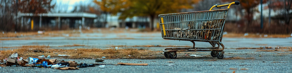 Abandoned Shopping Cart - An old shopping cart, discarded in the middle of a deserted parking lot, surrounded by trash.