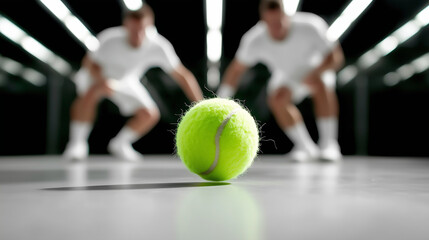 Tennis Ball in Mid Air Players Poised for Action