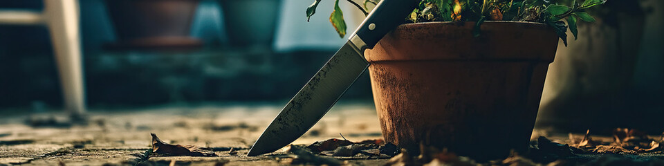 Hidden Knife in the Flower Pot - A knife, partially concealed by a potted plant, on a dimly lit porch.