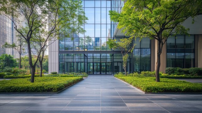 A modern glass office building with lush green landscaping and a paved walkway leading to the entrance.
