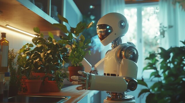 Futuristic domestic robot tends to houseplants in a sunlit kitchen, blending advanced technology with nature in a harmonious home environment.
