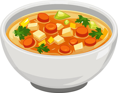 soup bowl, orange broth, vegetables, white bowl clip art preview