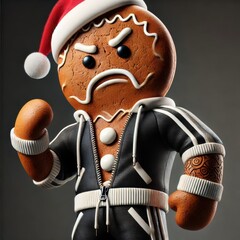A festive, tough gingerbread character in a Santa hat and athletic attire, perfect for holiday promotions, merchandising, and creative advertising.