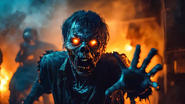 Intense close-up of a zombie with glowing eyes, decayed skin, and eerie expression, surrounded by other zombies in a dim