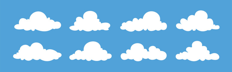 white cloud illustration collection, cartoon cloud set in flat design with blue sky