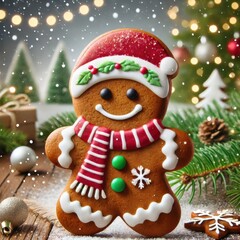 Fototapeta premium Adorable gingerbread cookie decorated for Christmas, surrounded by festive decorations and a cozy winter atmosphere, perfect for holiday-themed projects.