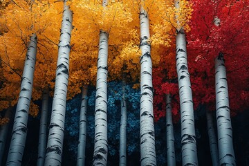Fototapeta premium A vibrant display of autumn colors as the leaves of a birch forest transform into shades of yellow, red, and blue.