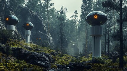 Three futuristic surveillance orbs with glowing eyes stand in a misty forest, overlooking a rocky path.