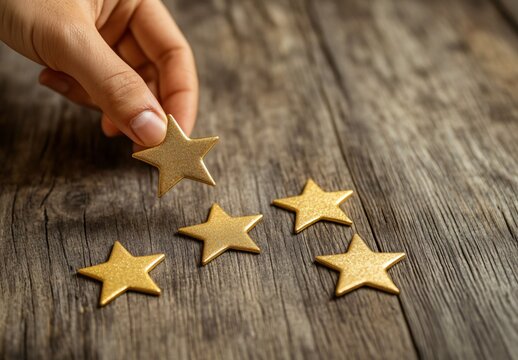 Five Golden Stars on Wooden Table - Customer Review Concept