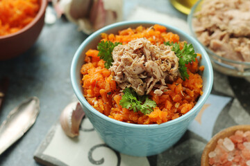 Houria, cooked carrot salad, a traditional dish of Tunisian cuisine	