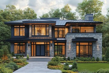 Fototapeta premium A modern two-story house with a stone facade and a large, open front door.