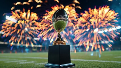 A championship trophy is displayed on the field as vibrant fireworks light up the night sky, celebrating a recent victory