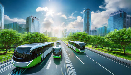  Modern driverless buses and electric public transport move freely through a bustling green _1(593)