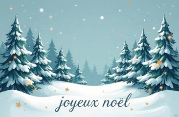 Fototapeta premium Snowy winter landscape with evergreen trees covered in snow and softly glowing stars. The phrase 