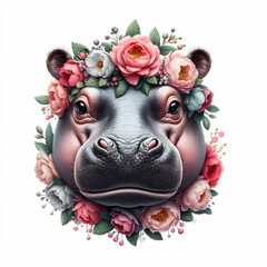 Hippo with Floral Crown concept as Icon of a hippopotamus wearing a floral crown embodying nature elegance and creativity isolated against a white background. in  Photo Stock  Concept 