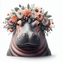 Hippo with Floral Crown concept as Icon of a hippopotamus wearing a floral crown embodying nature elegance and creativity isolated against a white background. in  Photo Stock  Concept 