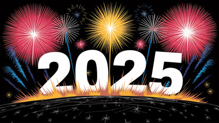 New Year 2025 Celebration with Colorful Fireworks, Festive Typography for Event Banners, Posters, and Social Media Graphics