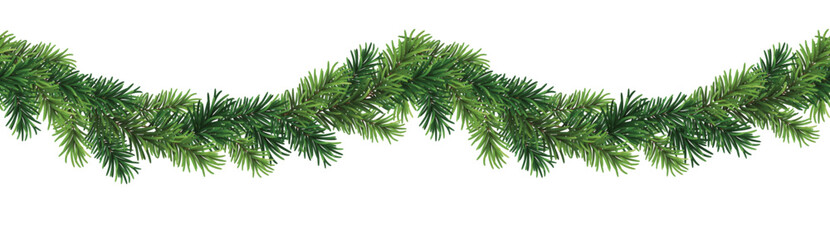 Green christmas branch garland in seamless pattern isolated on white background