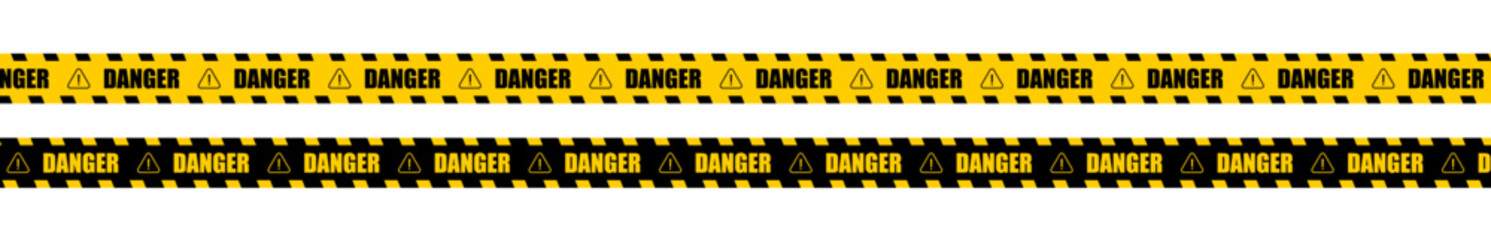 Yellow and black danger warning tape set: includes skull symbols for industrial safety, hazard areas, roads, and construction sites. Vector illustration on a transparent background.	

