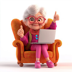 Cheerful Elderly Caucasian Woman Using Laptop for Online Shopping, Giving Thumbs Up in Armchair.