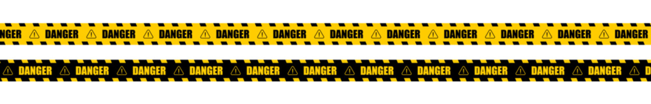Yellow and black danger warning tape set: includes skull symbols for industrial safety, hazard areas, roads, and construction sites. Vector illustration on a transparent background.	
