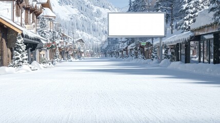 Fototapeta premium Winter Wonderland: Blank White Billboard in Snowy Mountain Village Amidst Quaint Shops and Holiday Decorations