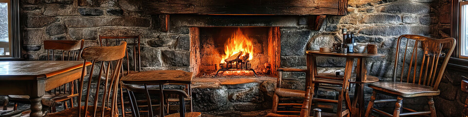 Hearthside Hearth: An old stone fireplace, surrounded by comfortable chairs and a rustic table, serving as a gather
