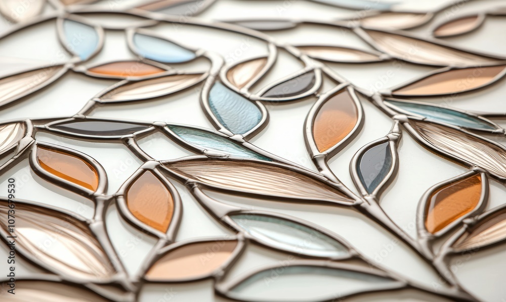 Poster a close-up view of intricate stained glass design featuring leaf motifs in soft colors, showcasing a