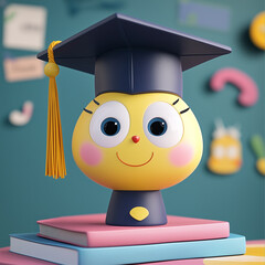 Cheerful Cartoon Character with Graduation Cap on Books
