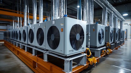 A row of air conditioners are lined up in a factory