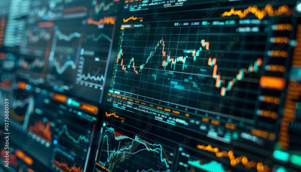 Aufkleber A dynamic display of stock market graphs and data visualizations, showcasing trends and analytics in a futuristic digital interface.