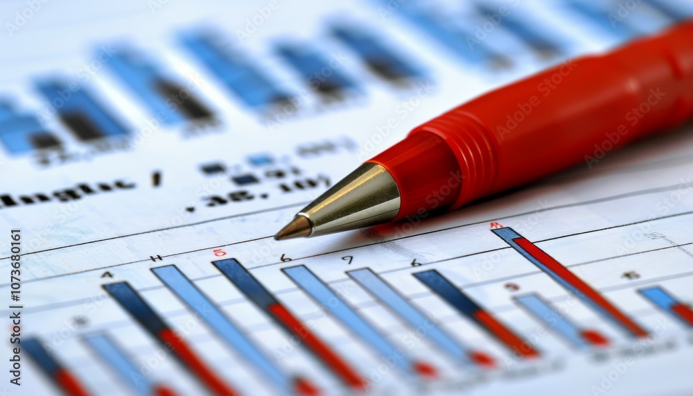 Poster A close-up of a red pen resting on a financial report featuring blue and red bar graphs, highlighting data analysis and business metrics.
