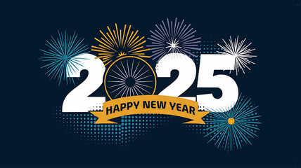 Happy New Year 2025 with Fireworks in Blue and Gold, Ideal for Event Banners, Greeting Cards, and Digital Graphics