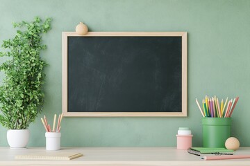 A minimalist study setup featuring a blank chalkboard framed in wood, a potted plant, and vibrant pencils in holders on a desk against a soft green wall, creating a calm, organized workspace.
