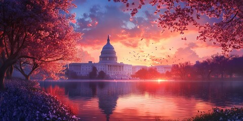 Obraz premium Abstract painting of the United States Capitol, in the background a sunset sky and vibrant colors. Representative building of democracy