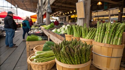 Close-up of fresh asparagus with dew drops on the stems